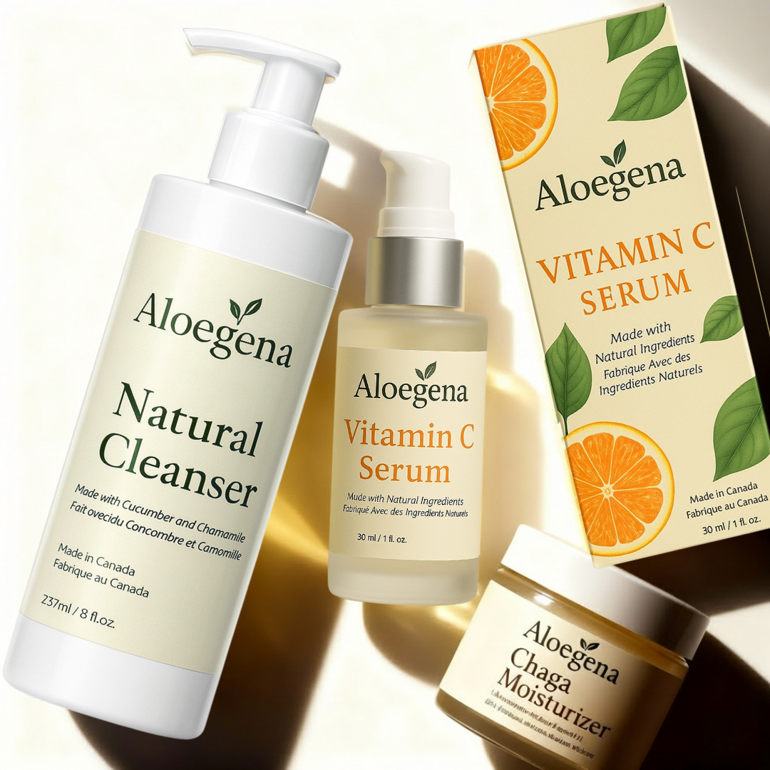 Aloegena 3-Step Natural Skincare System – Cleanser + Vitamin C Serum + Chaga Moisturizer • Sulfate-Free • Paraben-Free For Healthy, Glowing and Beautiful Skin