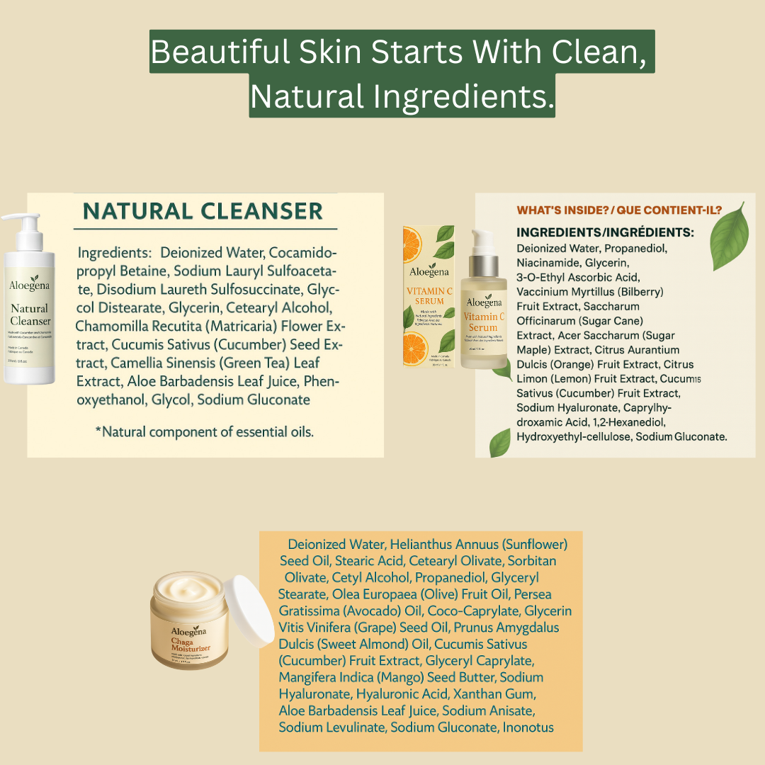 Aloegena 3-Step Natural Skincare System – Cleanser + Vitamin C Serum + Chaga Moisturizer • Sulfate-Free • Paraben-Free For Healthy, Glowing and Beautiful Skin